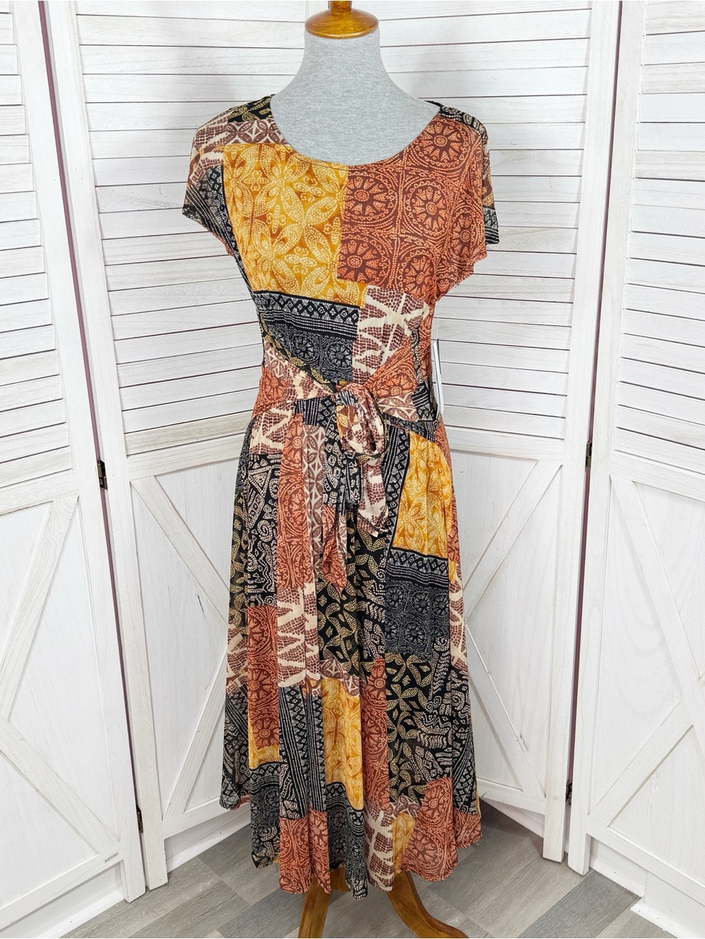 Robbie Bee Boho Tribal Patchwork Print Tie Waist Midi Dress Small Fit Flare